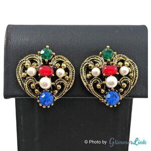 Vintage Heart Shaped Multicolor Rhinestones Faux Pearl Filigree Clip On Earrings